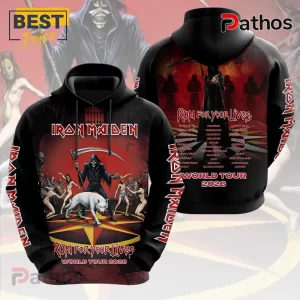 Iron Maiden Run For Your Lives 2026 Tour T-Shirt featuring Grim Reaper, wolf, and worldwide concert dates in black and red.