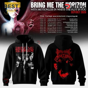 Black cotton hooded sweatshirt featuring Bring Me The Horizon band graphics and red death metal style typography.!