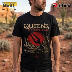 Black cotton t-shirt featuring Queens of the Stone Age logo, red sun, desert landscape, and trident graphic.!