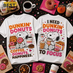 Snoopy Dunkin Donuts Coffee Happiness White T-Shirt 2 Snoopy Dunkin Donuts Coffee Happiness white t-shirt featuring Snoopy with donuts and coffee text graphics.