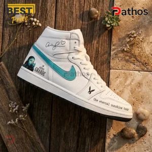 Ariana Grande Eternal Sunshine Tour Custom Air Jordan 1 Sneakers 3 Ariana Grande Eternal Sunshine Tour Custom Air Jordan 1 Sneakers in white leather with turquoise swoosh and tour graphics.