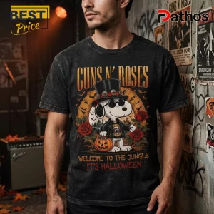 Guns N Roses x Snoopy Welcome To The Jungle T-Shirt on man, featuring Snoopy in top hat, sunglasses, and leather jacket.