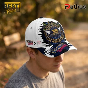 White Sonic the Hedgehog 35th anniversary baseball cap with blue graphic print, gold emblem, and side text on a person.!