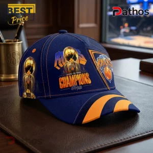 New York Knicks 2026 NBA Champions Navy Blue Baseball Cap 1 New York Knicks 2025-26 NBA Champions baseball cap with golden trophy graphic on dark blue fabric.!