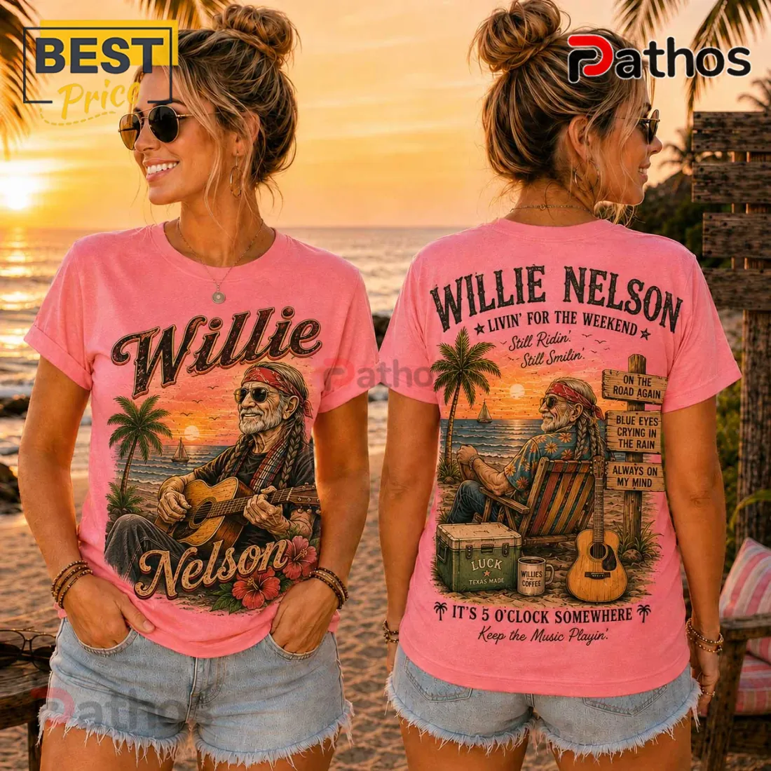 Willie Nelson Retro Sunset Pink T-Shirt Willie Nelson Retro Sunset Pink T-Shirt