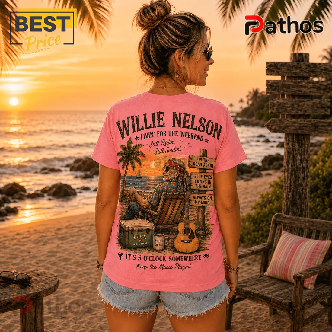 Willie Nelson Retro Sunset Pink T-Shirt Willie Nelson Retro Sunset Pink T-Shirt
