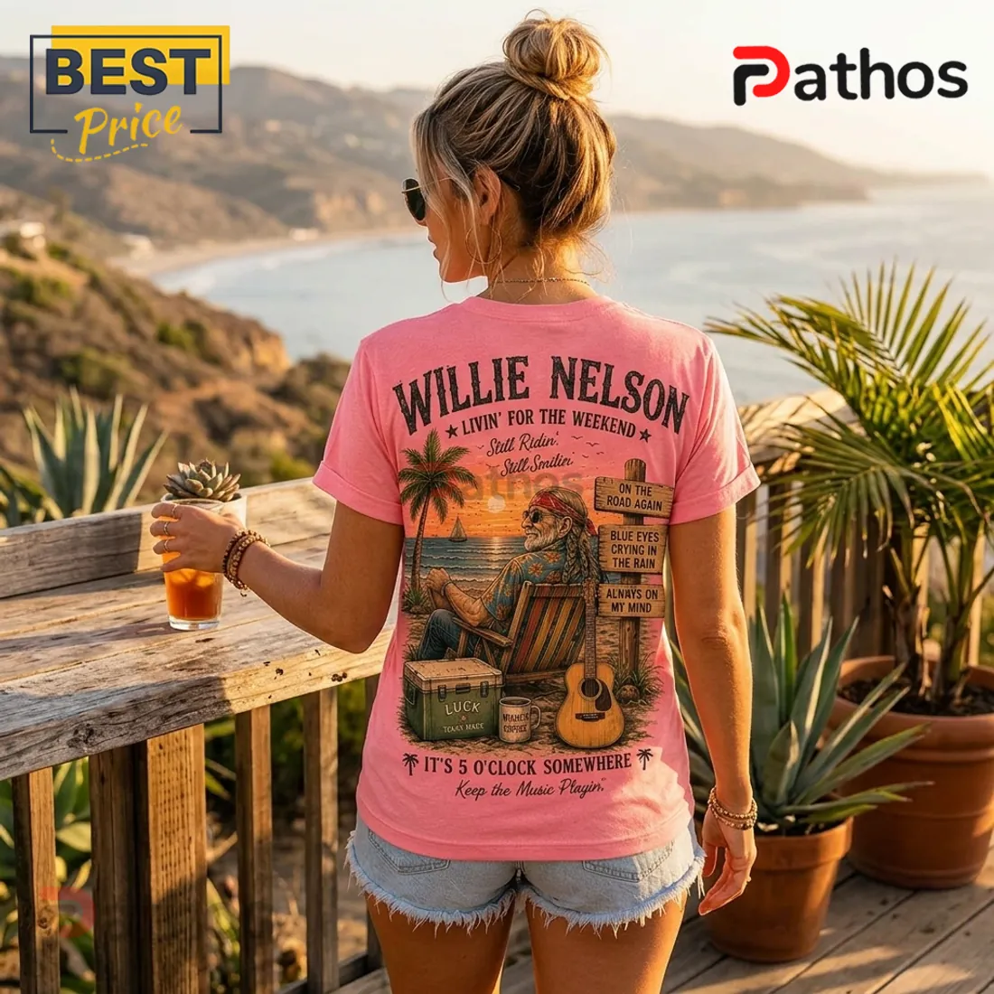 Willie Nelson Retro Sunset Pink T-Shirt Willie Nelson Retro Sunset Pink T-Shirt