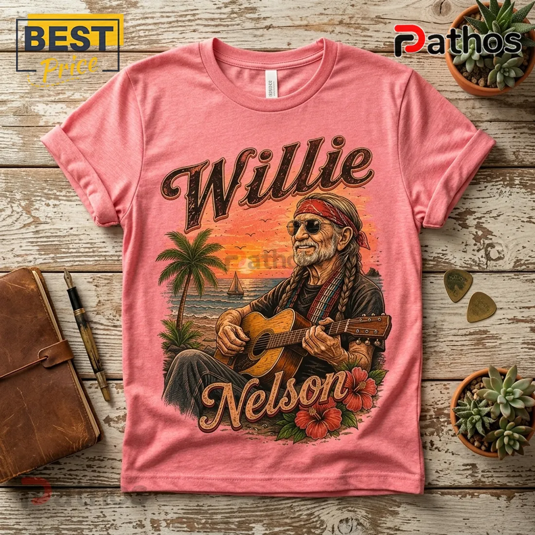 Willie Nelson Retro Sunset Pink T-Shirt Willie Nelson Retro Sunset Pink T-Shirt