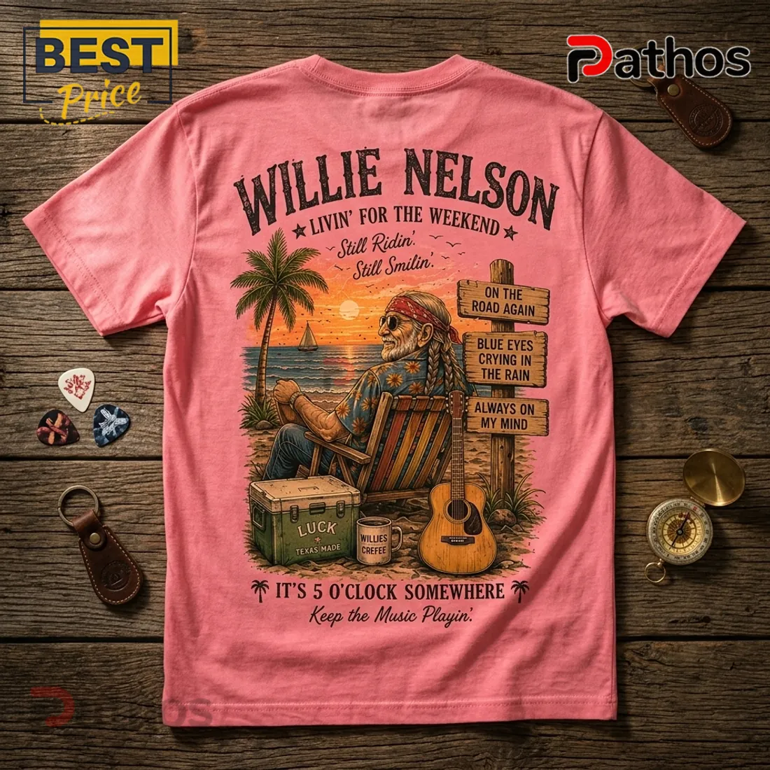 Willie Nelson Retro Sunset Pink T-Shirt Willie Nelson Retro Sunset Pink T-Shirt