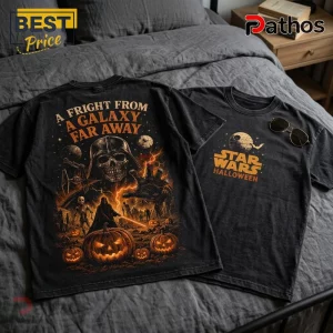 Black vintage-wash t-shirt with Star Wars Halloween graphic featuring Darth Vader, jack-o'-lanterns, and skeletal figures.!
