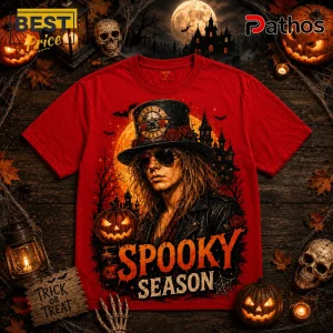 Guns N Roses Spooky Season Red T-Shirt 1 Guns N Roses Spooky Season Red T-Shirt featuring a graphic of a rock star in a top hat, full moon, and pumpkin motifs.