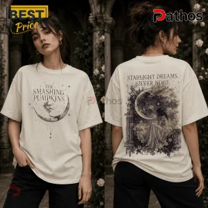 Off-white cotton t-shirt featuring Smashing Pumpkins text, moon graphic, and back print of a woman sitting on a balcony.!