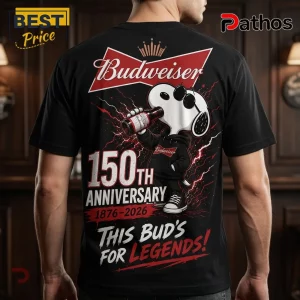 Budweiser x Snoopy 150th Anniversary Black T-Shirt 2 Budweiser x Snoopy 150th Anniversary Black T-Shirt featuring Snoopy drinking a beer with anniversary text on the back.