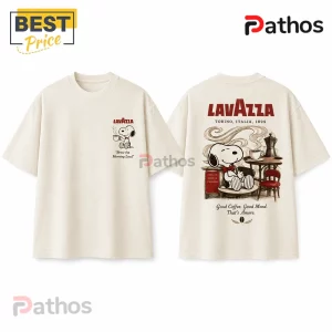 Off-white cotton t-shirt featuring Snoopy with Lavazza branding, Italian coffee graphics, and vintage-style text prints.!
