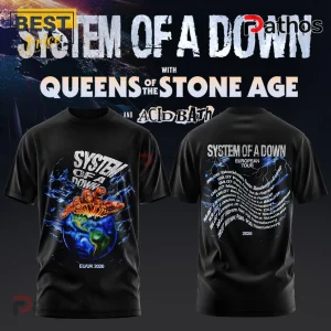 Black cotton t-shirt featuring System of a Down graphic with a hand gripping Earth and a 2026 European tour dates back print.!