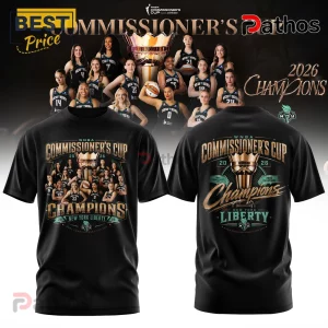 New York Liberty 2026 Commissioner's Cup Champions Black Hoodie 4 Black cotton t-shirt featuring New York Liberty 2026 WNBA Commissioner's Cup Champions graphic with team photo and trophy.!