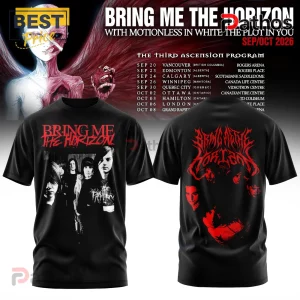 Bring Me The Horizon Post Human Nex Gen 2026 Tour Black Hoodie 4 Black cotton t-shirt featuring Bring Me The Horizon band imagery, red text graphics, and classic metal typography.!