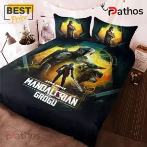 The Mandalorian and Grogu bedding set with pillowcases featuring Star Wars character graphics on a dark yellow background.!