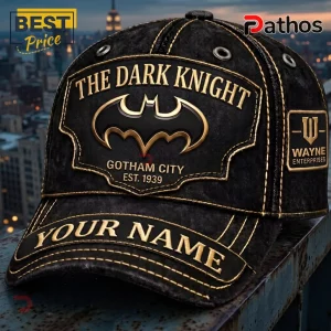 Batman The Dark Knight Gotham City personalized black cap featuring a gold Batman logo and custom name embroidery.