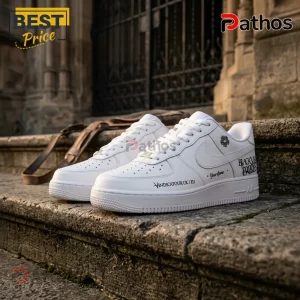 Black Veil Brides Vindicatour UK Tour 2026 White Air Force 1 Sneakers 2 Custom white leather sneakers with Black Veil Brides tour text and star icon on stone steps.!