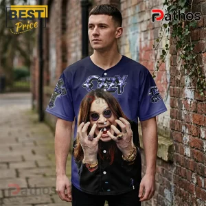 Man wearing a blue Ozzy Osbourne button-up baseball jersey featuring a large graphic print of Ozzy with long hair.!