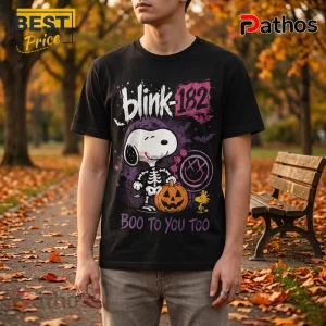 Blink-182 x Snoopy Skeleton Halloween Black T-Shirt 4 Blink-182 x Snoopy Skeleton Halloween black t-shirt featuring Snoopy in a skeleton costume, a pumpkin, and the band logo.