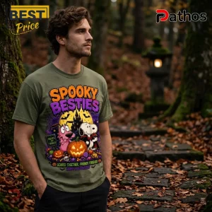 Snoopy x Courage The Cowardly Dog Olive Halloween T-Shirt 5 Snoopy x Courage The Cowardly Dog Olive Halloween T-Shirt featuring cartoon characters, pumpkins, and a haunted house.