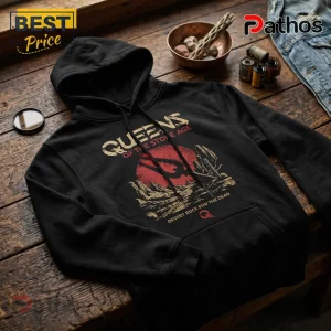 Queens of the Stone Age Desert Rock Australia Tour 2026 Hoodie 3 Black cotton hooded sweatshirt featuring Queens of the Stone Age graphic with a red sun, desert landscape, and cactus.!