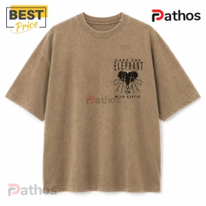 Brown vintage-wash cotton crewneck t-shirt featuring black Cage The Elephant graphic print on left chest.!