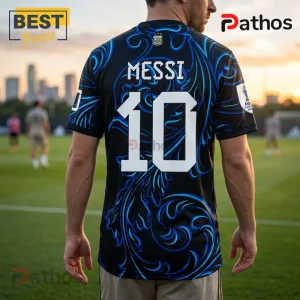 Lionel Messi Argentina soccer jersey featuring black fabric with blue swirling patterns and white number 10 on back.!