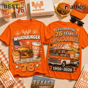 Orange Whataburger 76th anniversary t-shirts featuring vintage truck, burger, fries, and Americana graphics on a flat surface.!