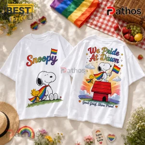 Snoopy Pride Rainbow LGBTQ T-Shirt 2026 4 White cotton t-shirts featuring Snoopy and Woodstock with rainbow pride flags on a picnic blanket background.!