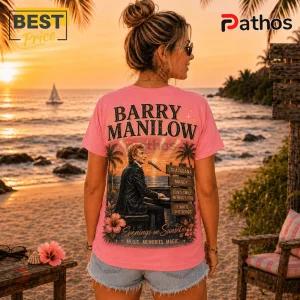 Barry Manilow Music Memorabilia Pink T-Shirt 2 Pink t-shirt featuring Barry Manilow at a piano, palm trees, and song titles on a sunset beach background.!
