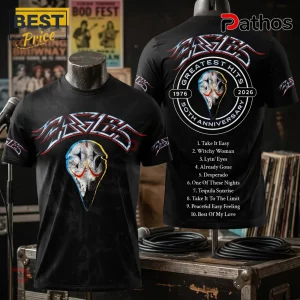 Black cotton t-shirt featuring Eagles 50th anniversary graphic with skull emblem, band logo, and tracklist on the back.!