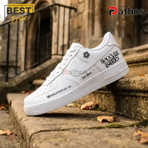 Black Veil Brides Vindicatour UK Tour 2026 White Air Force 1 Sneakers 3 White leather sneaker with Black Veil Brides logo, Your Name text, and Vindicatour UK/EU print on stone stairs.!