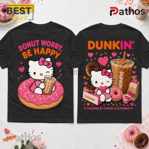 Hello Kitty Dunkin Donuts Coffee Lover T-Shirt in black featuring a character holding iced coffee and donuts graphic.