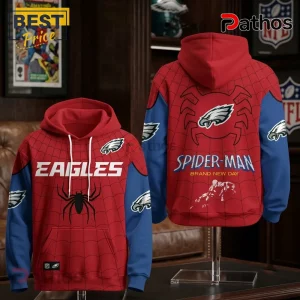 Philadelphia Eagles Spider-Man Brand New Day hoodie featuring red spider-web print, blue sleeves, and team logo graphics.