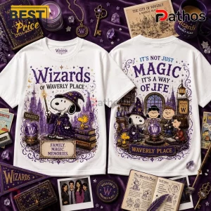 Snoopy x Wizards of Waverly Place Magic T-Shirt design on two white shirts featuring Snoopy as a wizard and magic motifs.