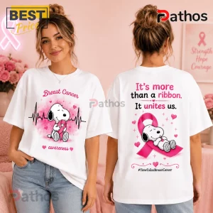 Snoopy Breast Cancer Awareness Heartbeat T-Shirt featuring Snoopy holding a pink ribbon on white cotton fabric.