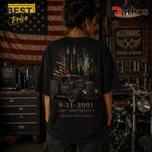 Mechanic 9-11 Memorial We Will Never Forget Black T-Shirt 4 Mechanic 9-11 Memorial We Will Never Forget black t-shirt featuring a classic truck, Statue of Liberty, and twin towers.