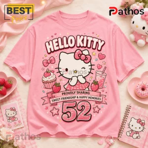 Hello Kitty 52nd Anniversary Pink T-Shirt featuring Hello Kitty, cupcakes, strawberries, and pink text on pastel fabric.