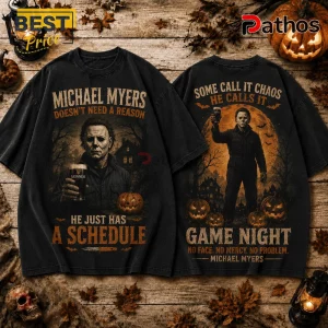 Michael Myers Guinness Game Night 2026 Halloween T-Shirt features horror imagery, pumpkins, and beer on a black fabric base.