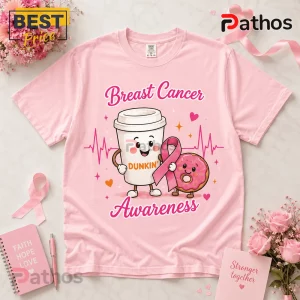 Dunkin Donuts Breast Cancer Awareness Pink T-Shirt 1 Dunkin Donuts Breast Cancer Awareness Pink T-Shirt featuring a coffee cup and donut character with a pink ribbon icon.