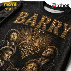 Barry Manilow The Showman of Song Gold Portrait T-Shirt featuring three portraits of the artist and marquee lettering.