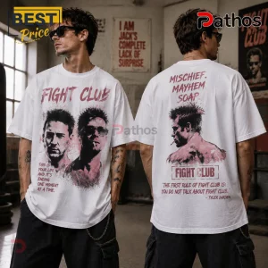 Fight Club Tyler Durden Vintage Black T-Shirt 4 Fight Club Tyler Durden vintage black t-shirt featuring front and back movie graphics on a white oversized cotton tee.
