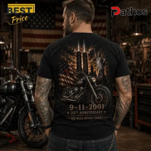 Biker 9/11 25th Anniversary Motorcycle Black T-Shirt featuring a graphic of twin light towers, an American flag, and bike.