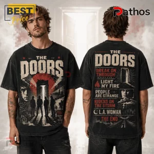 The Doors Break On Through Special Edition T-Shirt featuring band silhouettes, song titles, and red graphic accents on black.