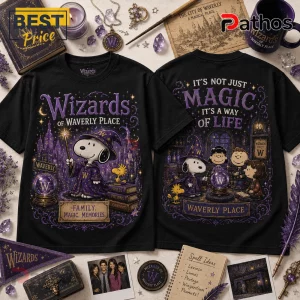 Snoopy x Wizards of Waverly Place Magic T-Shirt front and back designs with purple, black, and gold magical illustrations.