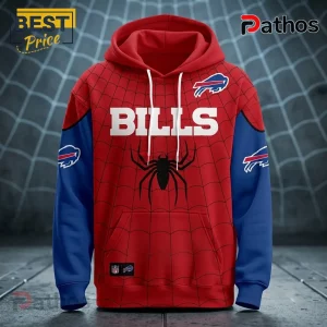 Buffalo Bills x Spider-Man Brand New Day Hoodie 1 Buffalo Bills x Spider-Man Brand New Day Hoodie in red and blue with a spider web pattern, chest text, and NFL team logos.