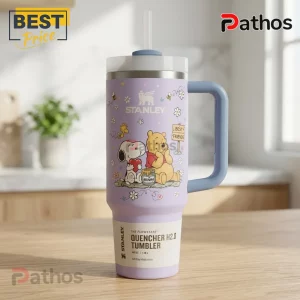 Snoopy x Winnie the Pooh Lavender 40oz Tumbler with cartoon graphics, blue handle, and stainless steel straw.